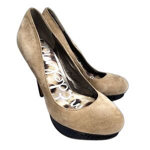 Sam Edelman Ulysa Putty & Black Suede Snakeskin Embossed Platform Heels Size 7